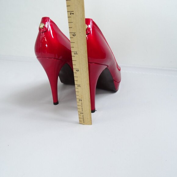 Stuart Weitzman Candy Apple Red Patent Leather‎ Peep-Toe Pumps Size 7 N Platform - Picture 4 of 9